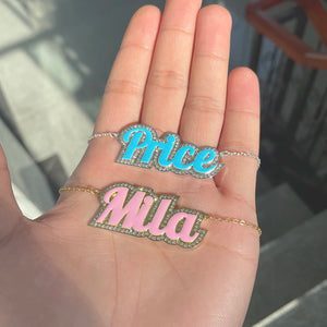 LUER Enamel Name Necklace Rhinestone Letter Pendant Nameplate Necklace