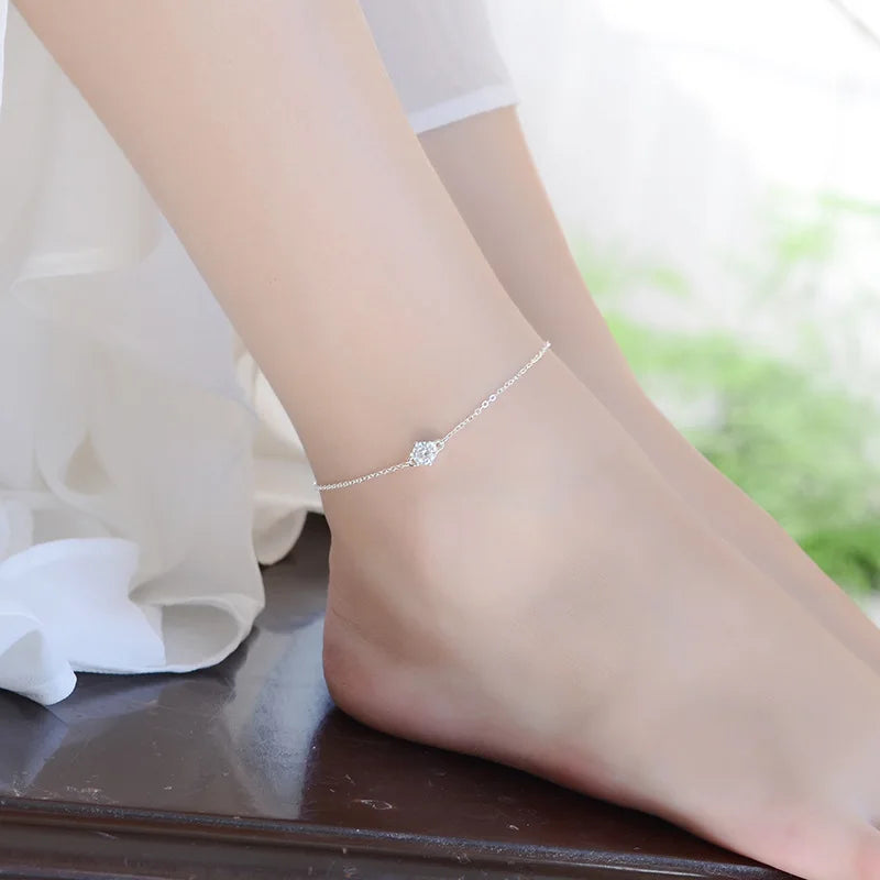 925 Sterling Silver Crystal Round Anklets for Women
