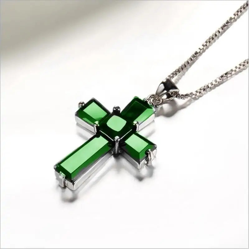 LUKENI 925 Silver Green Cross Pendant Necklace Girls
