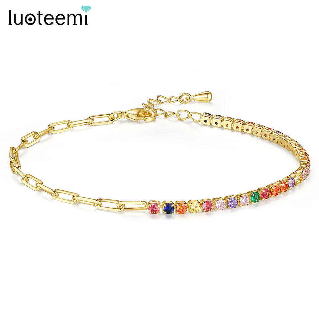 Multicolor CZ Tennis Bracelet for Women Couple Link Chain