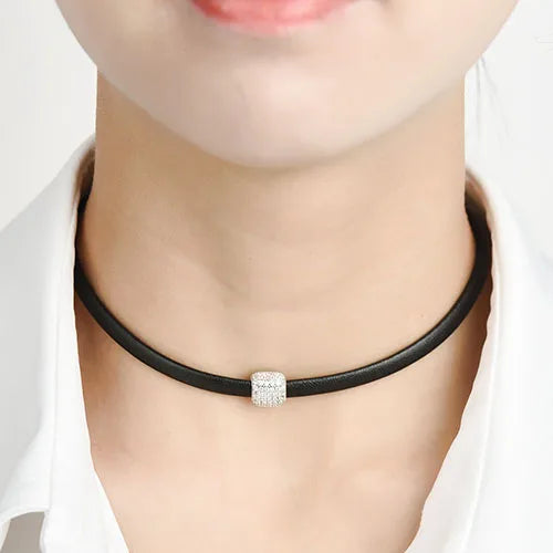 Gothic Leather Choker Necklace with Cubic Zircon Square Pendant