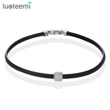 Gothic Leather Choker Necklace with Cubic Zircon Square Pendant