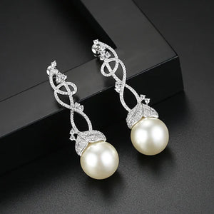 Cane Vine CZ Pearl Drop Earrings Wedding Bridal Sweet Accessories