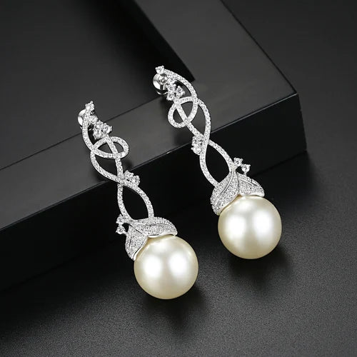 Cane Vine CZ Pearl Drop Earrings Wedding Bridal Sweet Accessories