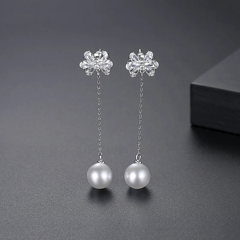 Long Drop Earring Bow Knot CZ Cubic Zircon Jewelry Pearl Tassel Earrings