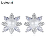 CZ Flower Pearl Studs Earrings for Wedding