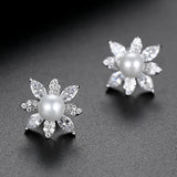 CZ Flower Pearl Studs Earrings for Wedding