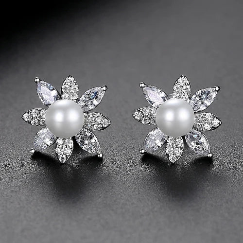 CZ Flower Pearl Studs Earrings for Wedding