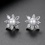 CZ Flower Pearl Studs Earrings for Wedding