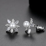 CZ Flower Pearl Studs Earrings for Wedding