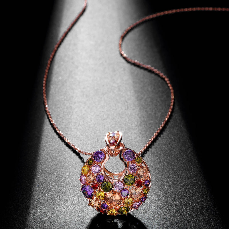 Crystal Round Necklace Multicolor CZ Stones Pendant Women Wedding Bridal Jewelry