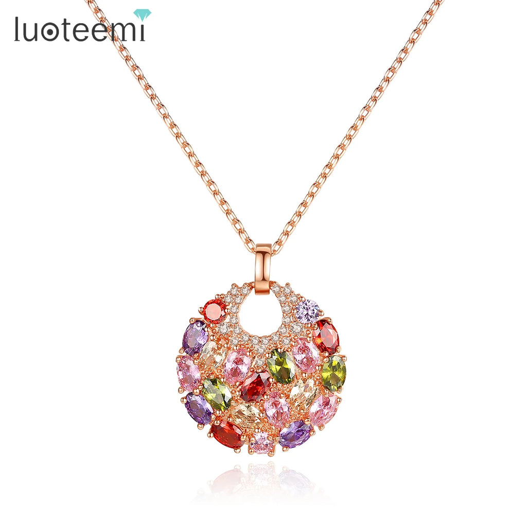Crystal Round Necklace Multicolor CZ Stones Pendant Women Wedding Bridal Jewelry