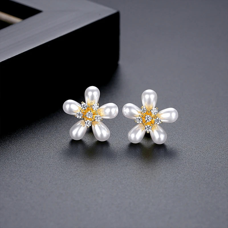 Yellow Heart CZ Flower Stud Earrings for Women Bridal Wedding Christmas