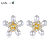 Yellow Heart CZ Flower Stud Earrings for Women Bridal Wedding Christmas