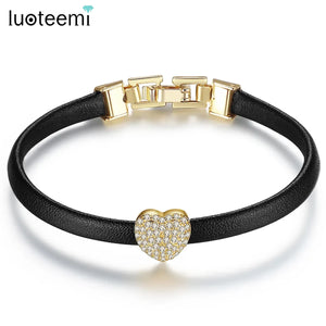 Heart Beads CZ Leather Charm Bracelet Women Party Jewelry