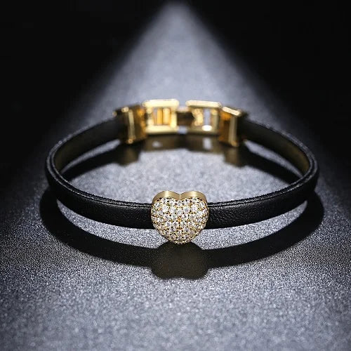 Heart Beads CZ Leather Charm Bracelet Women Party Jewelry