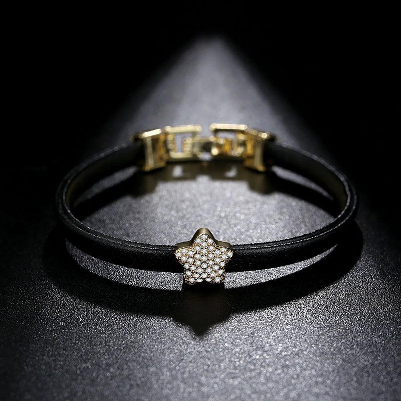 Gold Leather Bracelet with Star Beads Charm