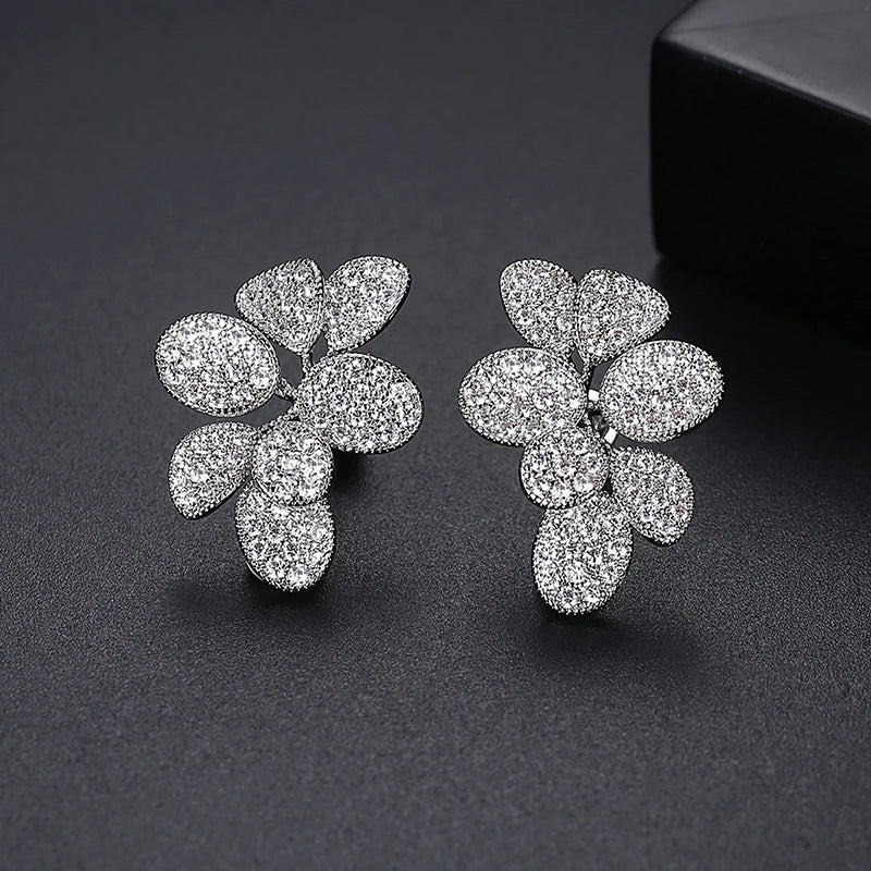 Leaf Shape Stud Earrings Flower CZ Bridal Wedding Jewelry