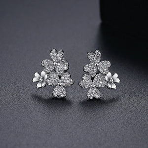 Four Leaf Flower Stud Earrings CZ Stone Pave Women Jewelry Dating Party Gift