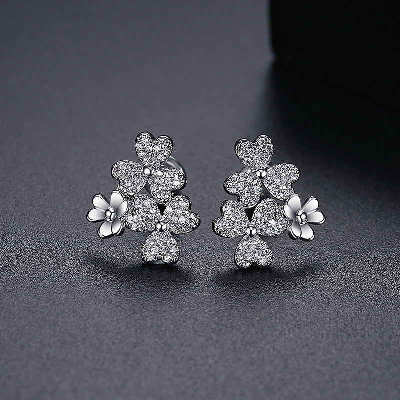 Four Leaf Flower Stud Earrings CZ Stone Pave Women Jewelry Dating Party Gift