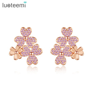 Four Leaf Flower Stud Earrings CZ Stone Pave Women Jewelry Dating Party Gift