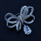 Bowknot Water Drop Pendant Brooches Pin CZ Crystal Ribbon Brooches