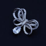 Bowknot Water Drop Pendant Brooches Pin CZ Crystal Ribbon Brooches