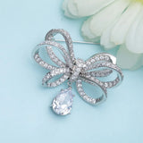 Bowknot Water Drop Pendant Brooches Pin CZ Crystal Ribbon Brooches