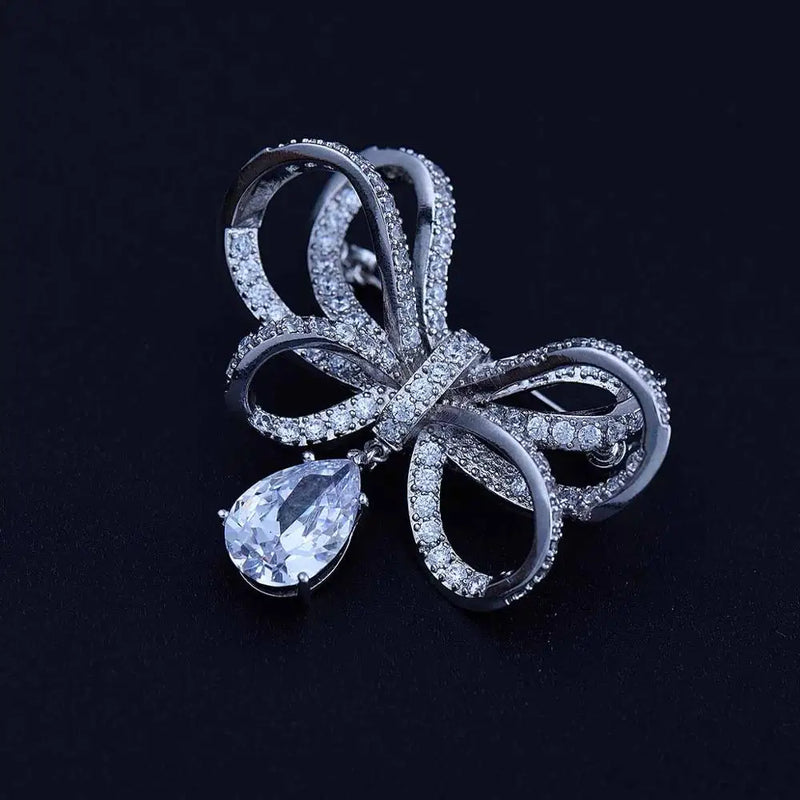 Bowknot Water Drop Pendant Brooches Pin CZ Crystal Ribbon Brooches