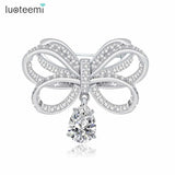 Bowknot Water Drop Pendant Brooches Pin CZ Crystal Ribbon Brooches