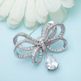 Bowknot Water Drop Pendant Brooches Pin CZ Crystal Ribbon Brooches