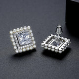 Square CZ Stud Earrings with Small Pearls Inlay Wedding Bridal Jewelry