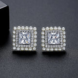 Square CZ Stud Earrings with Small Pearls Inlay Wedding Bridal Jewelry