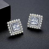 Square CZ Stud Earrings with Small Pearls Inlay Wedding Bridal Jewelry