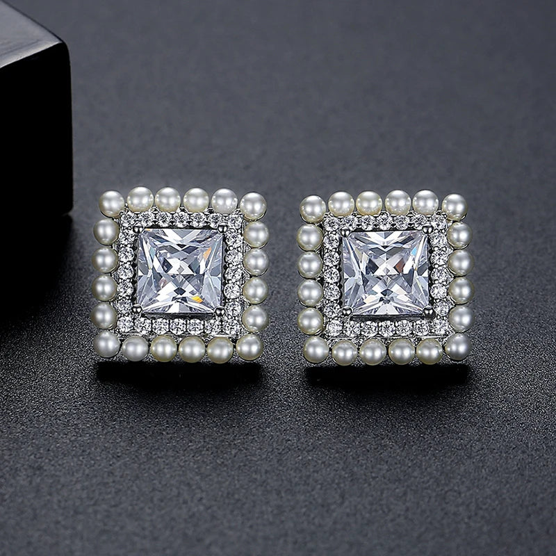 Square CZ Stud Earrings with Small Pearls Inlay Wedding Bridal Jewelry