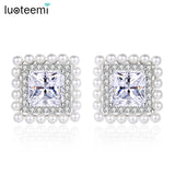 Square CZ Stud Earrings with Small Pearls Inlay Wedding Bridal Jewelry