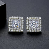 Square CZ Stud Earrings with Small Pearls Inlay Wedding Bridal Jewelry