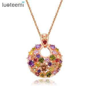Round Shape Pendant Multicolor CZ Rose Necklace Wedding Party Love Gift