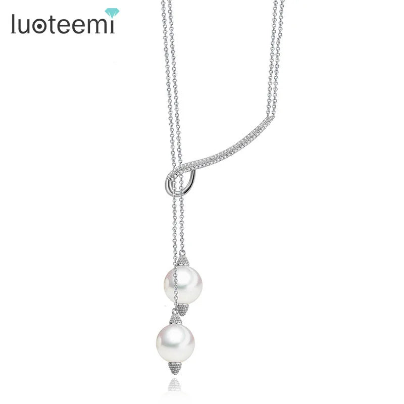 Lady Girl Lovely Long Double Pearls Adjustable Length Pendant Necklace