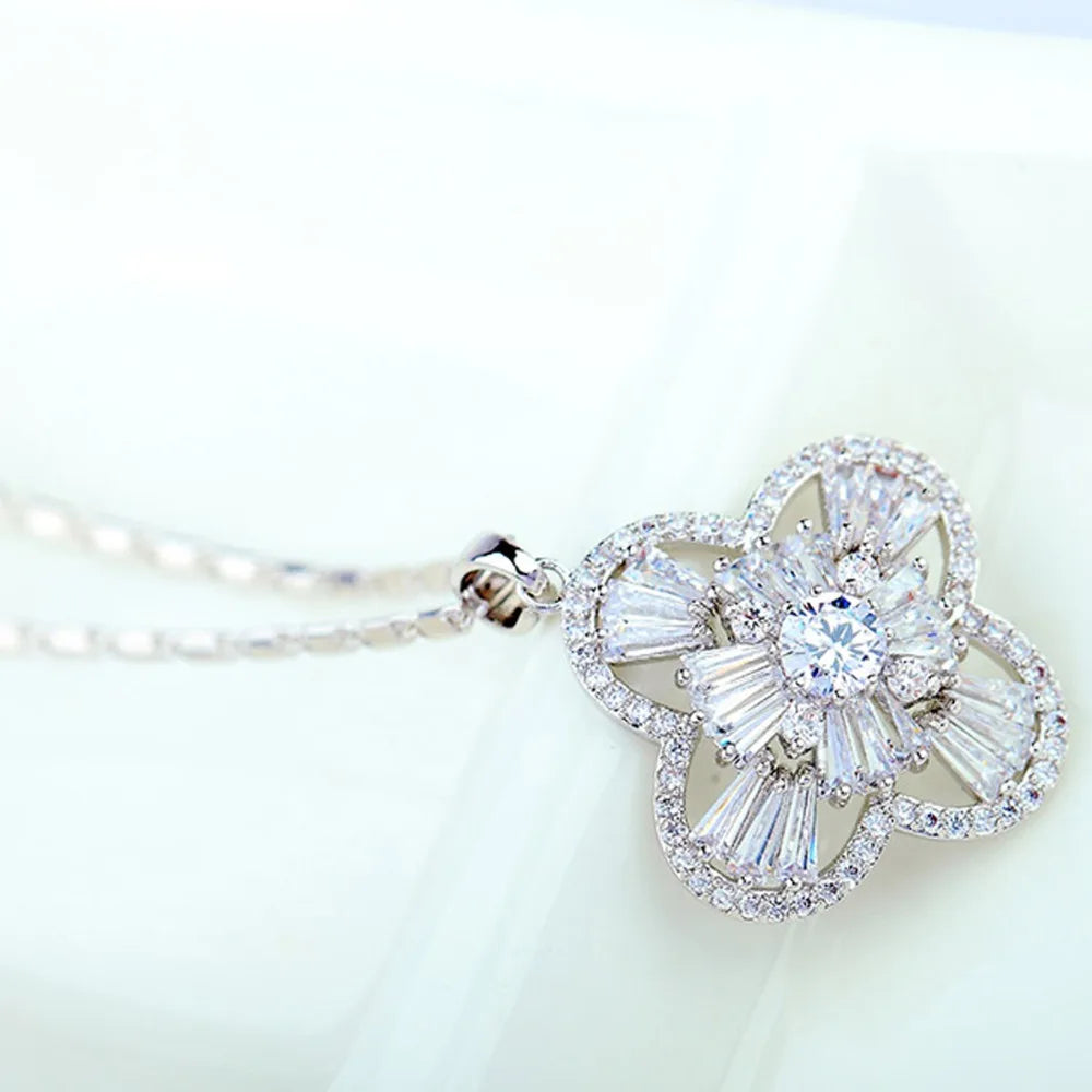 Vintage Flower CZ Pendant Necklace for Women