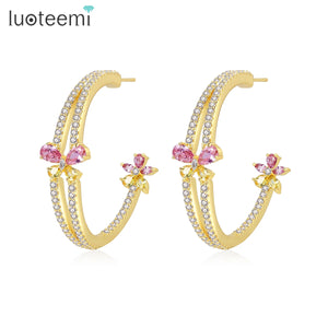 Pink & Yellow CZ Hoop Earring Double Layer Party Accessory