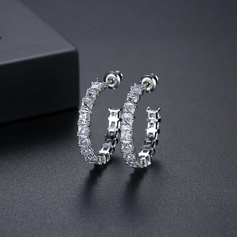 Bohemian Square CZ Hoop Earrings - Bridal Accessory