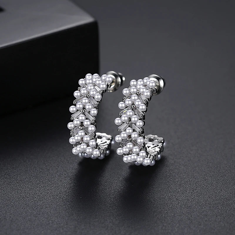 CZ Pearls Earrings High CZ Stone Hoops Graceful Exaggerated Jewelry