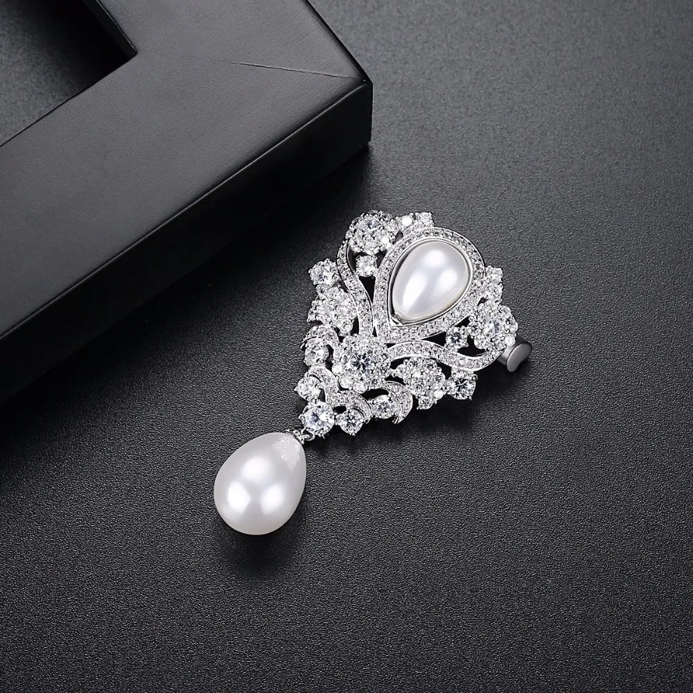 Vintage Pearl Brooch Pin Zircon CZ Bridal Wedding Party Girl Gift