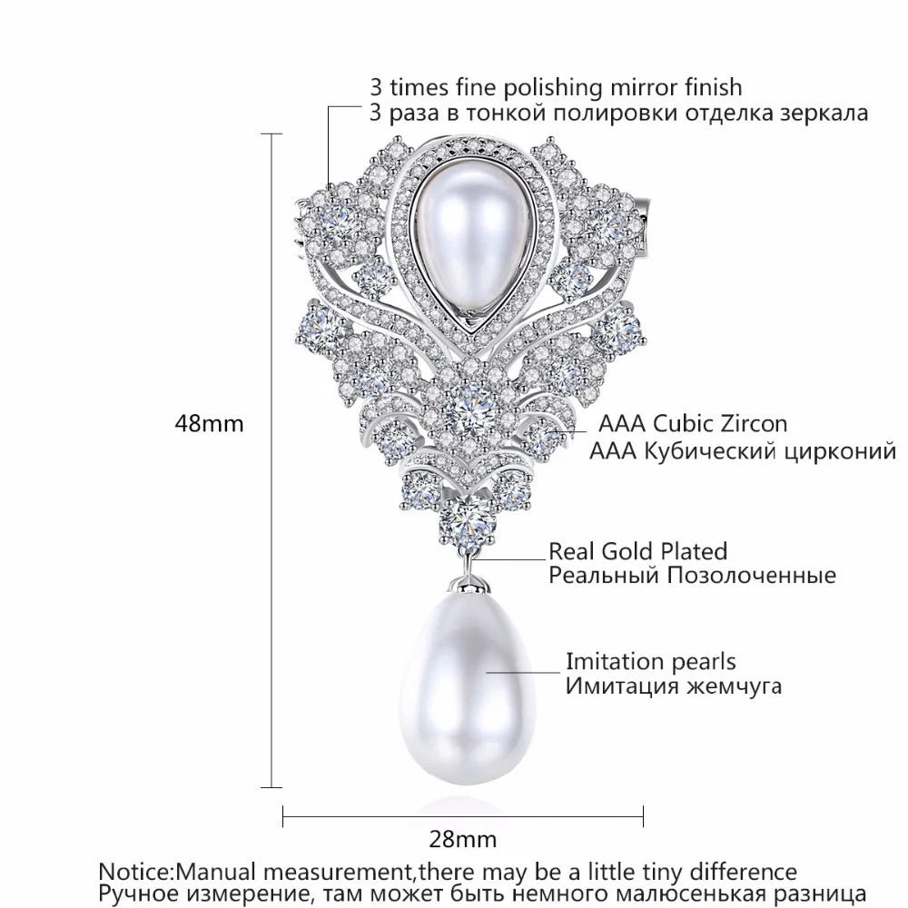 Vintage Pearl Brooch Pin Zircon CZ Bridal Wedding Party Girl Gift