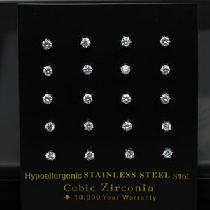 Round CZ Stud Earrings 10pairs/Lot for Woman Man Stainless Steel Silver Jewelry
