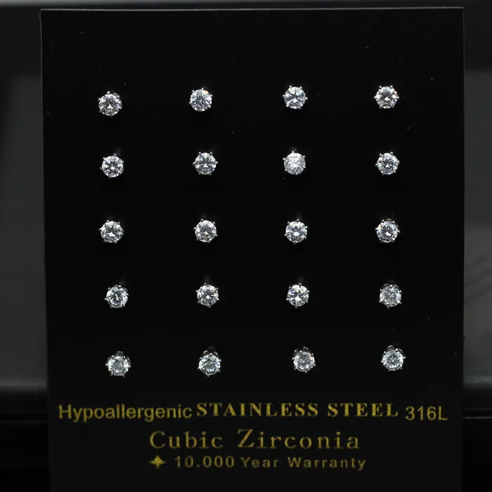 Round CZ Stud Earrings 10pairs/Lot for Woman Man Stainless Steel Silver Jewelry