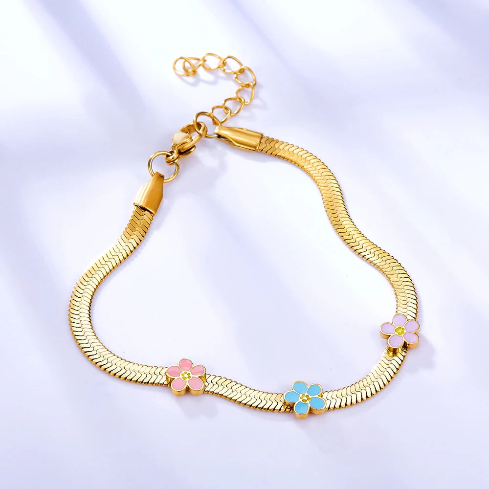 Vintage Flat Chains Bracelet with Butterfly Flower Charms