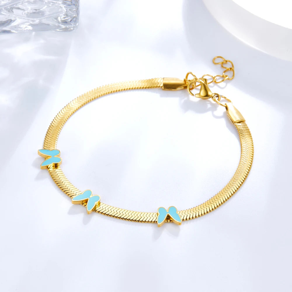 Vintage Flat Chains Bracelet with Butterfly Flower Charms