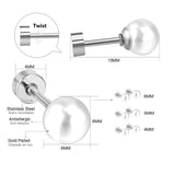 3Pairs/Lot Pearl Stud Earrings Stainless Steel Screw Back Wedding 4/5/6mm